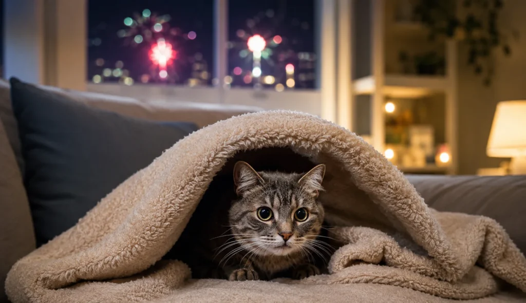 gato escondido bajo manta por miedo a los petardos y fuegos artificiales